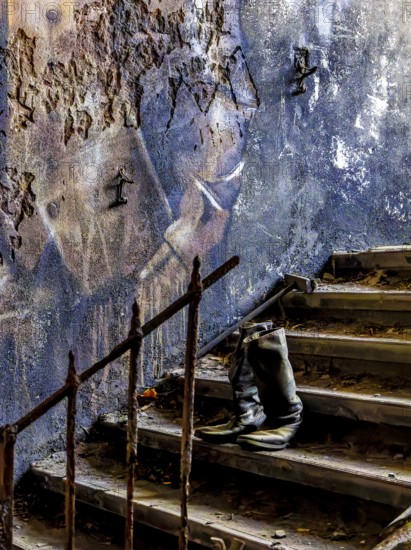 Old army boots, interior view of the former Alpine House on the historic grounds of the