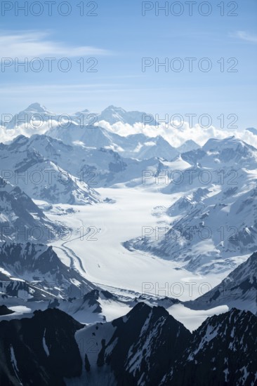 Snow and ice, epic mountains with glaciers, Mt Denali or Mount McKinley, aerial view, Alaska Range,
