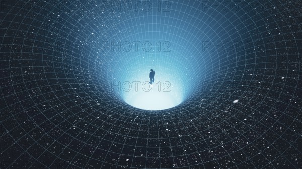 A man stands at the edge of a black hole, gazing into the depths of the universe, surrounded by