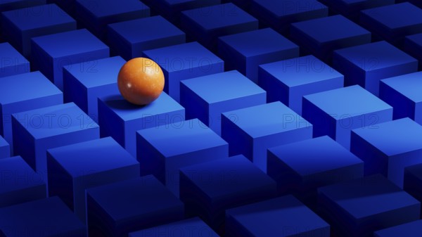 An orange sphere balances on a series of blue geometric forms. The abstract arrangement creates a