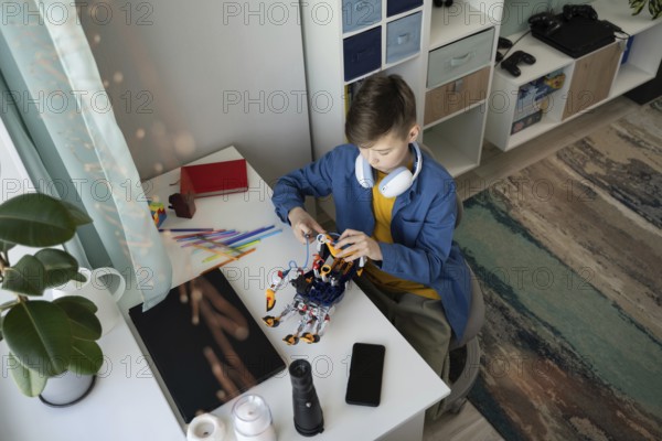 A young boy sits at a white desk, focused on assembling a robot. Surrounded by colorful tools,