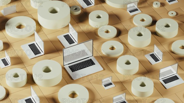 A collection of laptops placed among abstract geometric forms, showcasing a modern tech environment