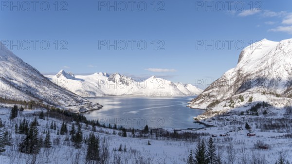 Snow-covered mountains surround a serene fjord under a clear blue sky in Mefjordbotn, Norway. The