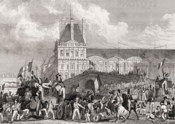 The migration of Charles X to Rambouillet, 1830, July Revolution, Paris, antique steel engraved