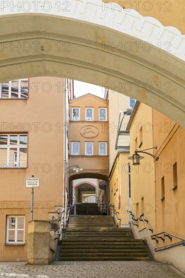 Archway at the New Town Hall with stairs at the portico, the passageway to the