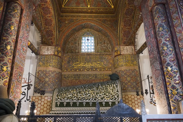 Magnificent interior with ornate ornaments and calligraphy in ancient architectural style, tomb of