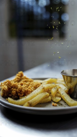 A close-up shot of crispy golden fries and crunchy chicken pieces on a plate. Fresh herbs are