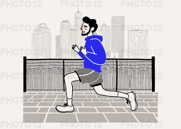 A stylized illustration of a man in a blue hoodie running along a city promenade. Skyscrapers loom