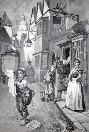 In the foreground a newspaper boy who is barefoot and carries and reads a large bag, people on the