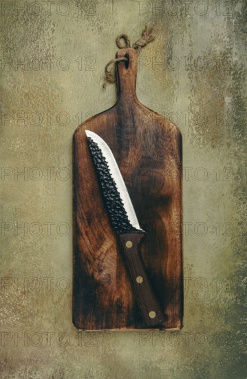 A rustic wooden cutting board displays a sharp knife resting diagonally. The textured background