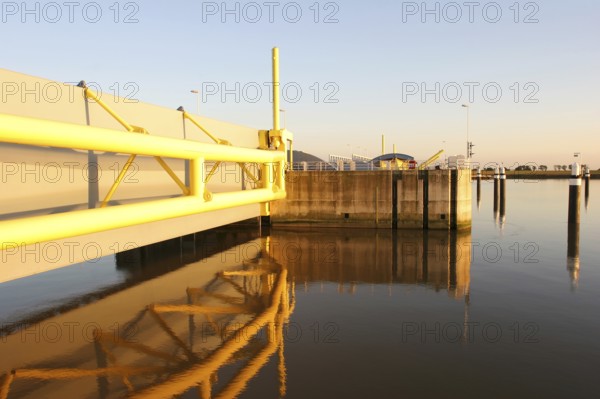 Ems barrier, building, Gandersum, ship overpass, Moormerland, East Frisia, Germany