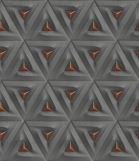 3D geometric pattern featuring triangular shapes with metallic accents. Ideal for modern wallpaper,