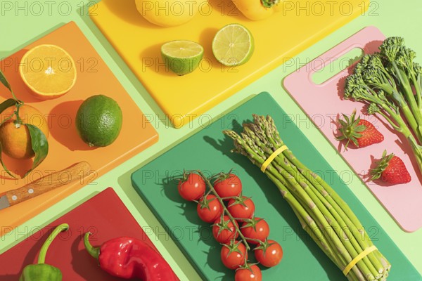 A vibrant display of fruits and vegetables on colorful cutting boards, featuring oranges, tomatoes,