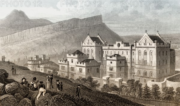 The new Bridewell, Salisbury Crags, and Arthur's Seat from Calton Hill, Edinburgh, Scotland, 19th