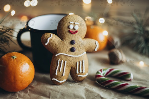 A delightful gingerbread man cookie adorned with icing stands beside a mug, surrounded by festive