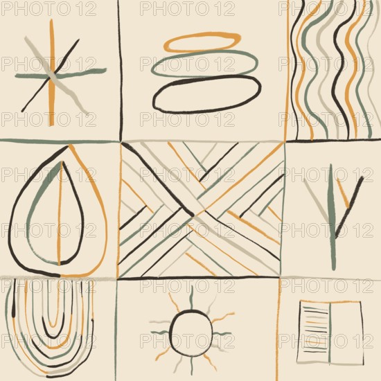 Artistic grid of hand-drawn desert-inspired symbols and patterns in earthy tones of orange, green,