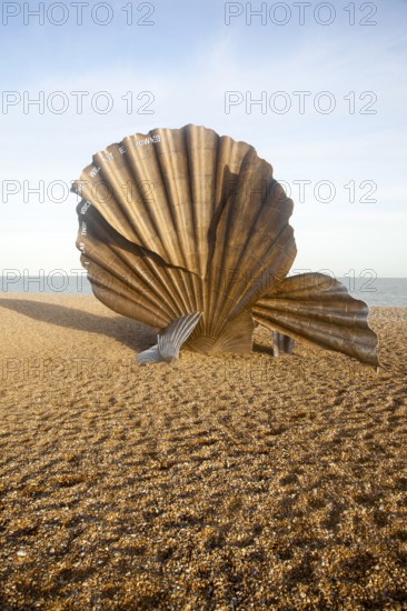 Scallop sculpture by artist Maggi Hambling, on shingle beach at Aldeburgh, Suffolk, England, United