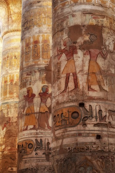 Ancient Egyptian Pharaonic Hieroglyphic relief details on columns of the Great Hypostyle Hall of