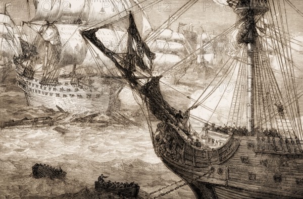 HMS Torbay at the Battle of Vigo Bay, 23 October 1702, From British Battles on Land and Sea, by