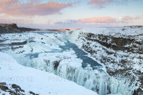 Gullfoss, Hvítá river waterfall, ice, frost, snow, winter, sunset, Haukadalur, Iceland, Scandinavia