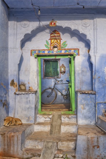 Blue painted house facade, entrance, Bundi, Rajasthan, India