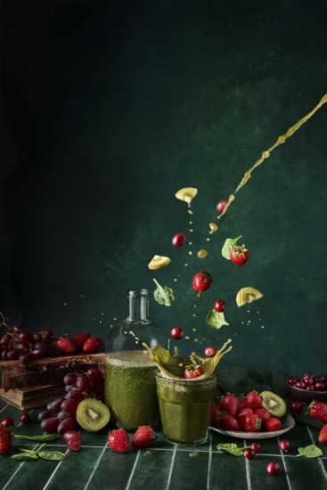 A dynamic display of green juice with spinach, strawberries, cherries, and grapes splashing in