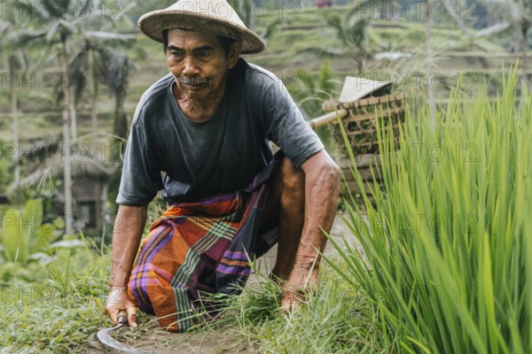 An Indonesian man works carefully in a lush rice field in Bali, showcasing traditional farming