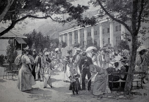 Noble people in front of the Kursaal in Bad Ragaz, 1890, Switzerland, illustration, reproduction of