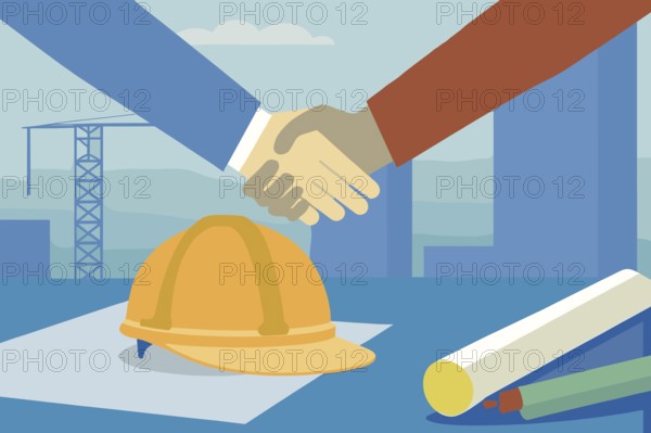 Two individuals engage in a handshake to signify a partnership in real estate while surrounded by