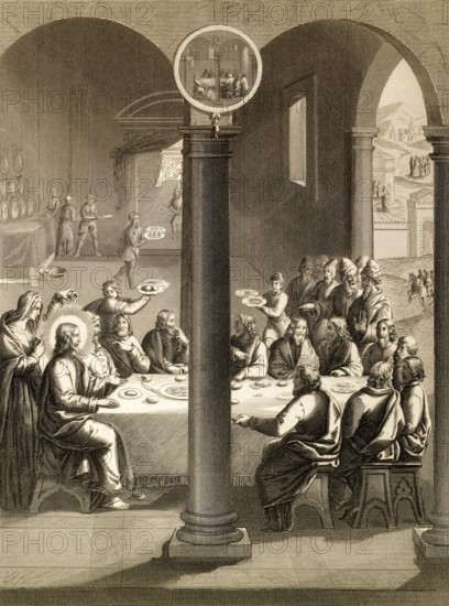 Jesus Christ and disciples at the table in the house of Simon the Leper, with Mary Magdalen and