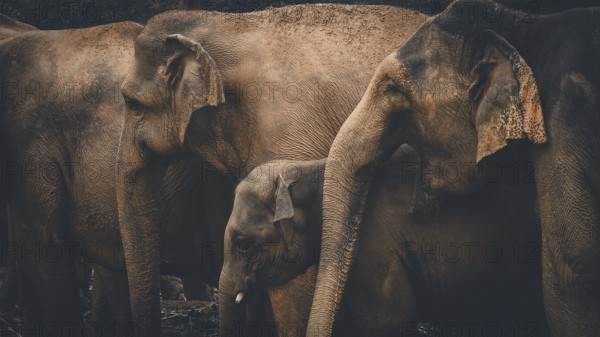 Three Asian elephants (elephas maximus) in a darker environment forming a unit, Pinnawela Elephant