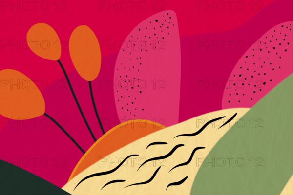An abstract floral illustration featuring vibrant color blocks and stylized flower elements in