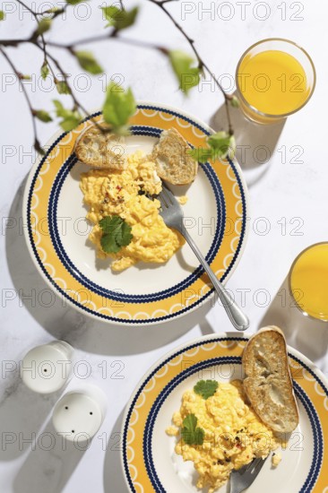Two plates of creamy scrambled eggs with toast, garnished with herbs, served alongside glasses of