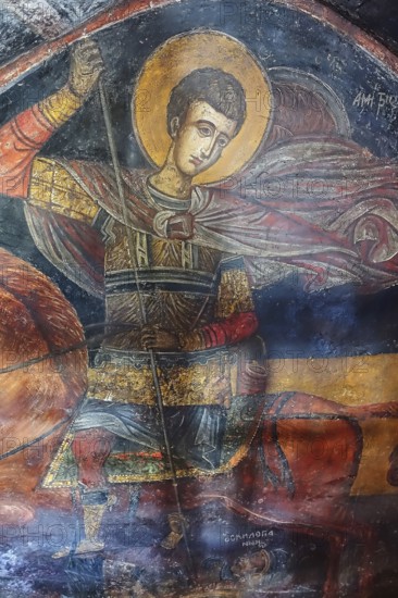 Medieval fresco of a saint in armour on a horse with halo, Asklipio village, Asklipion, Kimisis tis