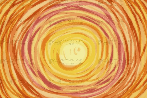 This abstract illustration features vibrant swirling patterns in warm orange and yellow hues,