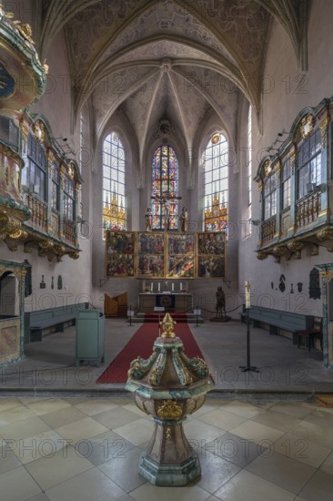 Chancel with baptismal font of the Protestant Church of St. Mary, baroqueised in the 18th century,