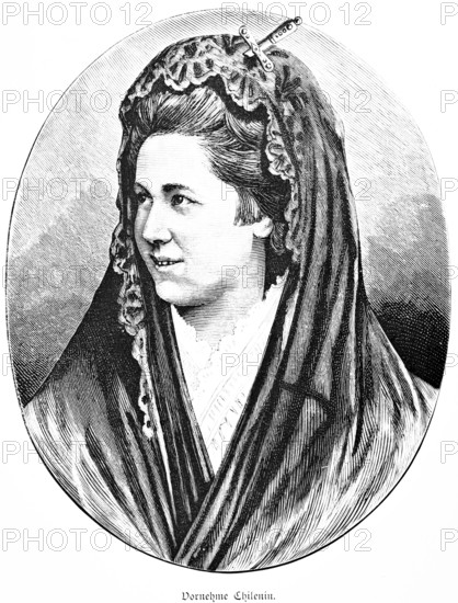 Portrait of a noble Chilean woman with decorated headscarf, young woman, dark straight hair combed