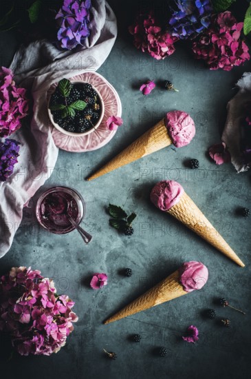 Tempting blackberry cones featuring Greek yogurt, cream, and homemade wild blackberry jam. A