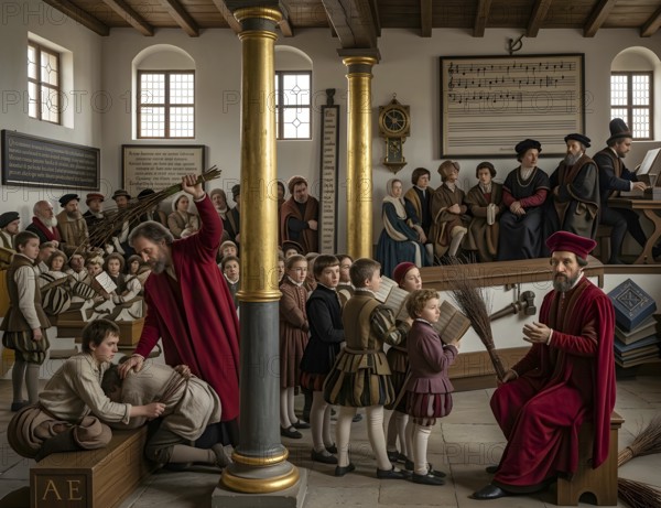 Medieval school scene, several groups of students are taught in one room, symbolic image school,