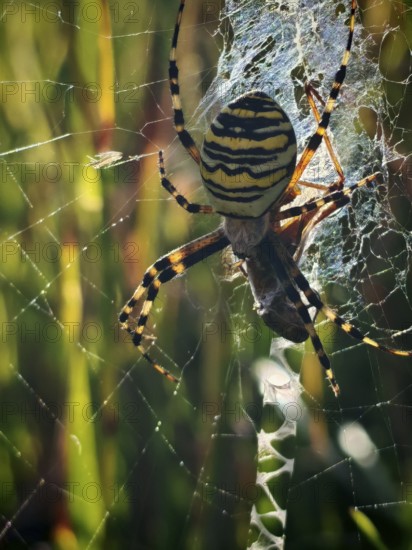 Close-up of a wasp spider (argiope bruennichi) on a flower in the middle of a green meadow, sunny