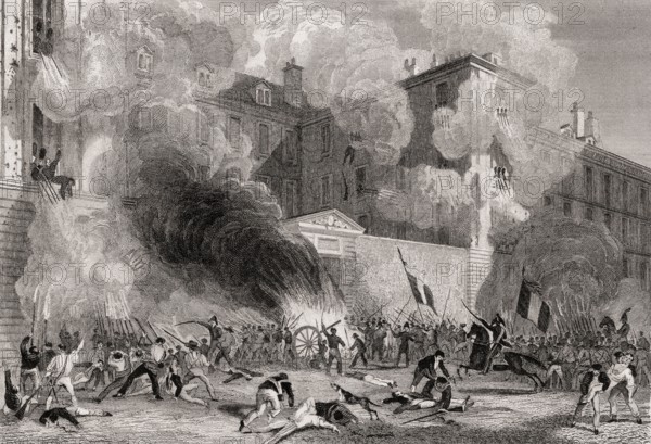Attack to caserne Babylone of the Swiss Guards, rue de Babylone, Paris, antique steel engraved