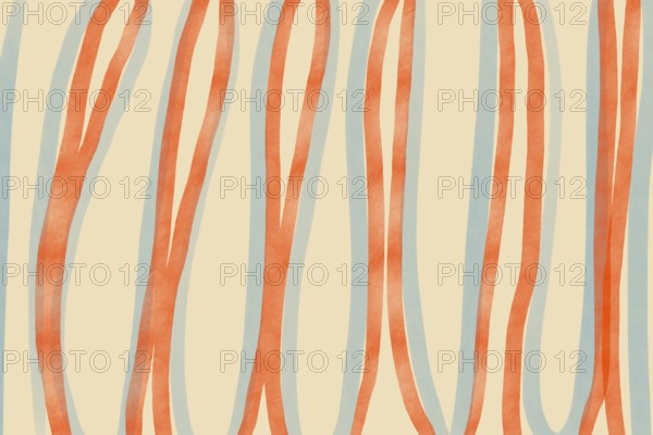Abstract art featuring orange and blue wavy lines on a beige background. The hand-drawn design
