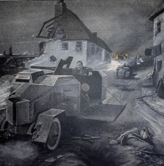 1st World War, English armoured cars shot up in Flanders (original text from 1915, original