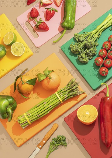 A colorful display of fresh fruits and vegetables on bright cutting boards, showcasing ingredients
