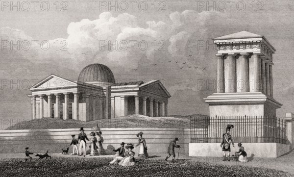 The New Observatory and Playfair's Monument, Calton Hill, Edinburgh, Scotland, 19th century, from