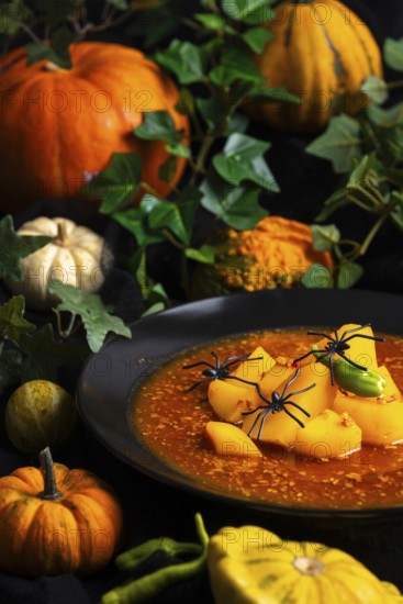 Pumpkin, goulash with artificial spiders and green leaf decorations, autumnal Halloween atmosphere,
