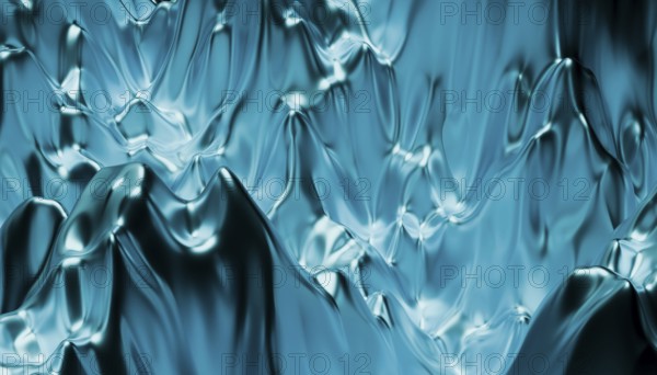This striking 3D illustration depicts an abstract blue liquid texture with flowing, ripple-like