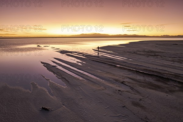 A solo traveler at a mesmerizing sunset in Salinas Grandes, Salta, Argentina, where the vast salt