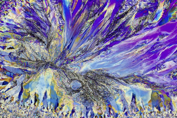 This striking image captures the vibrant and intricate patterns of microcrystals under a microscope