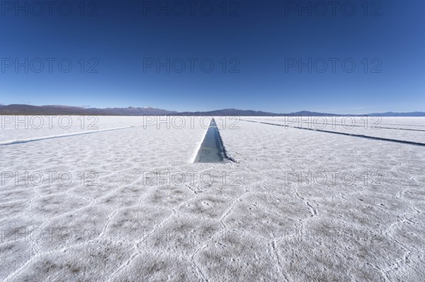 Endless white salt crust of Salinas Grandes and pool channels under a clear blue sky, with distant